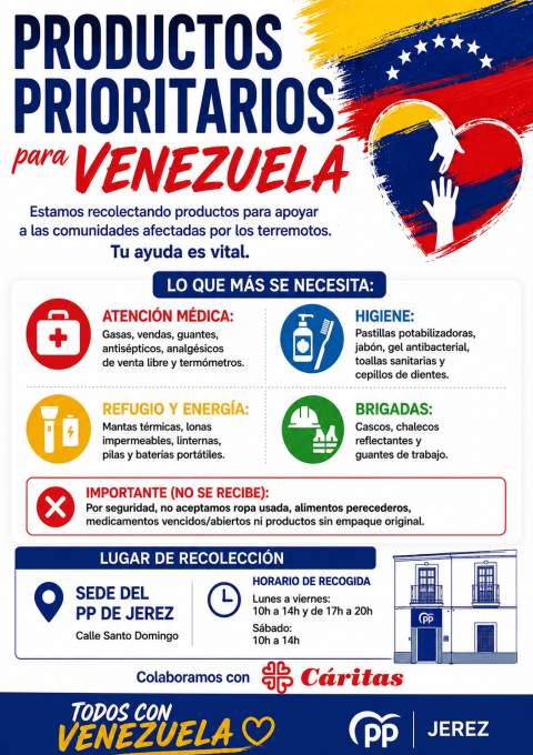El PP de Jerez habilita su sede como punto de recogida de ayuda para los afectados por los terremotos de Venezuela